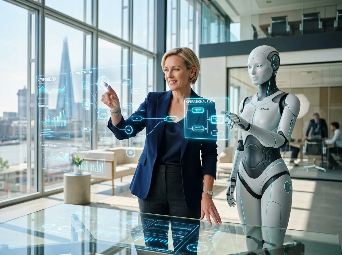 Illustrative business leader working with a consistent assistant robot and AI supported planning screens