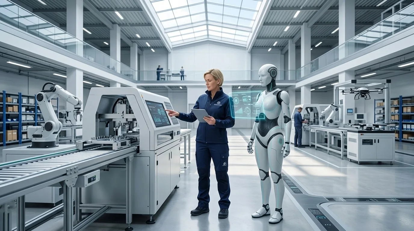 Illustrative operations professional reviewing a production workflow with an assistant robot