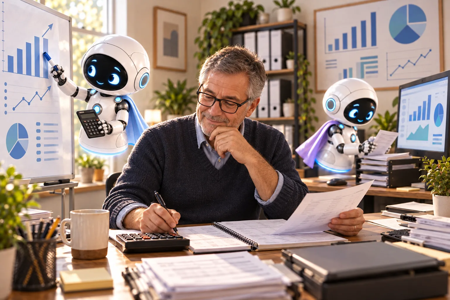 An accountant checks a sample financial summary prepared with help from the small Agentsfer robot