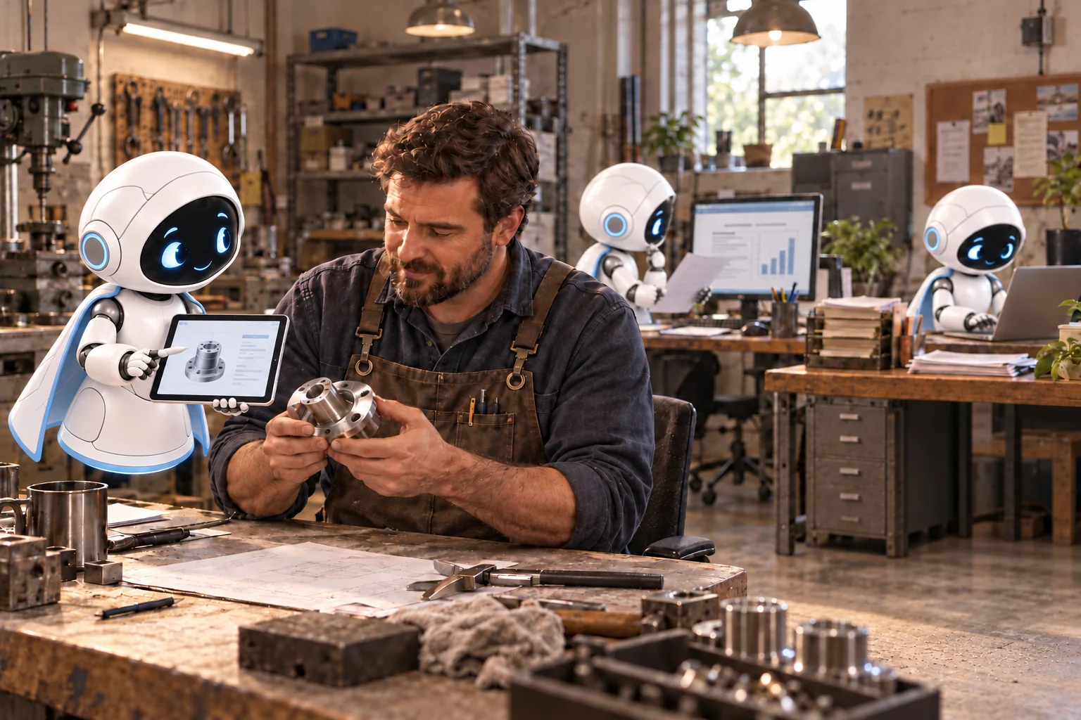 An operations team reviews a sample workflow with the small Agentsfer helper robot