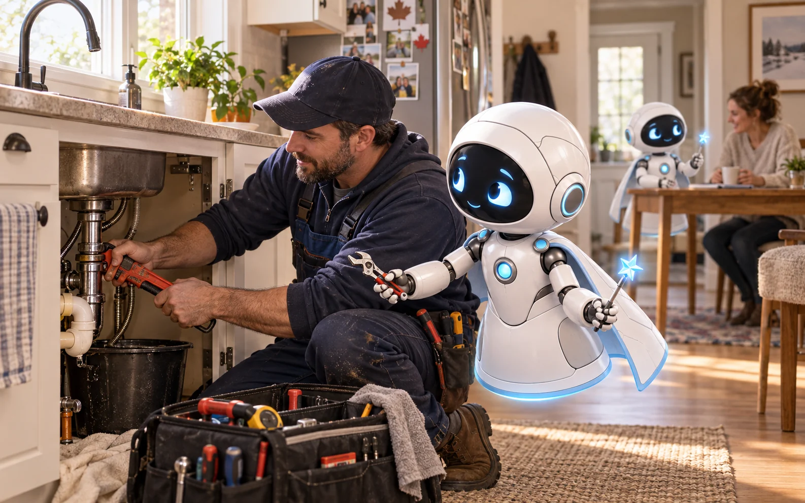 Illustrative plumber repairing a sink while one matching helper robot hands over a tool and another helps a customer in the background