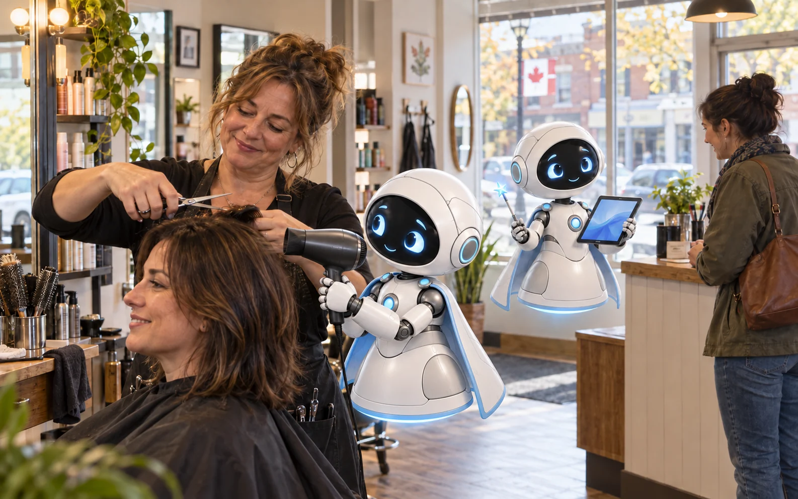 A stylist stays with a client while an assistant robot organizes an illustrative appointment enquiry
